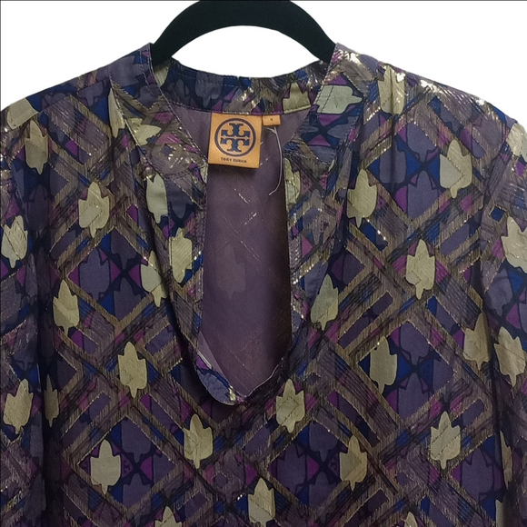 🆕 TORY BURCH PLUM PURPLE SILK BELL SLEEVES BLOUSE WITH GOLD METALLIC ACCENTS - Picture 3 of 10